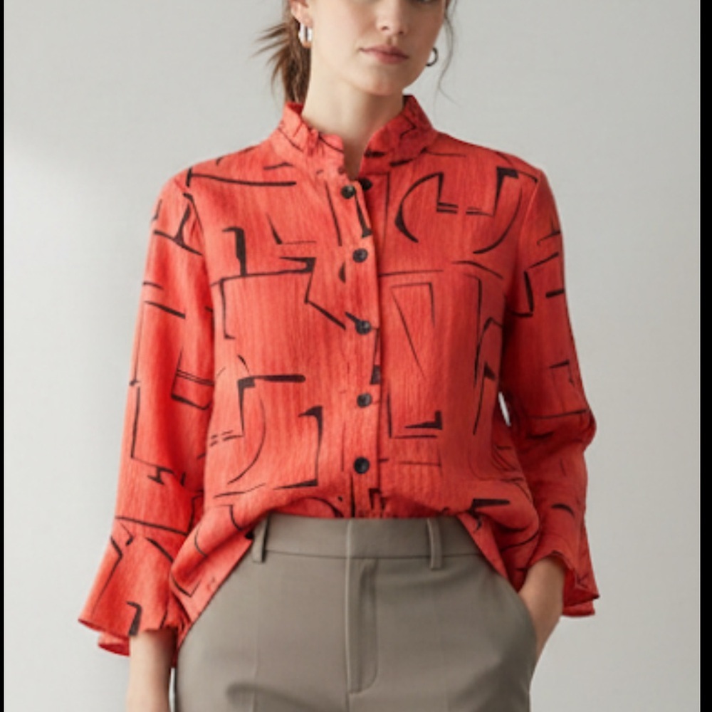 Ali Miles Red Printed Wire collar Button Down Top Size S Back Zipper 3/4 Sleeves - Picture 12 of 12